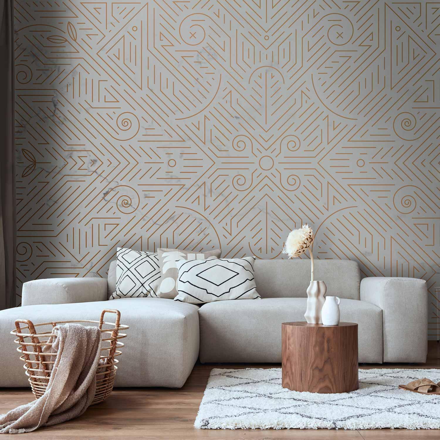 Papier peint - Geometric Pattern Shades of Gold and Marble Stone