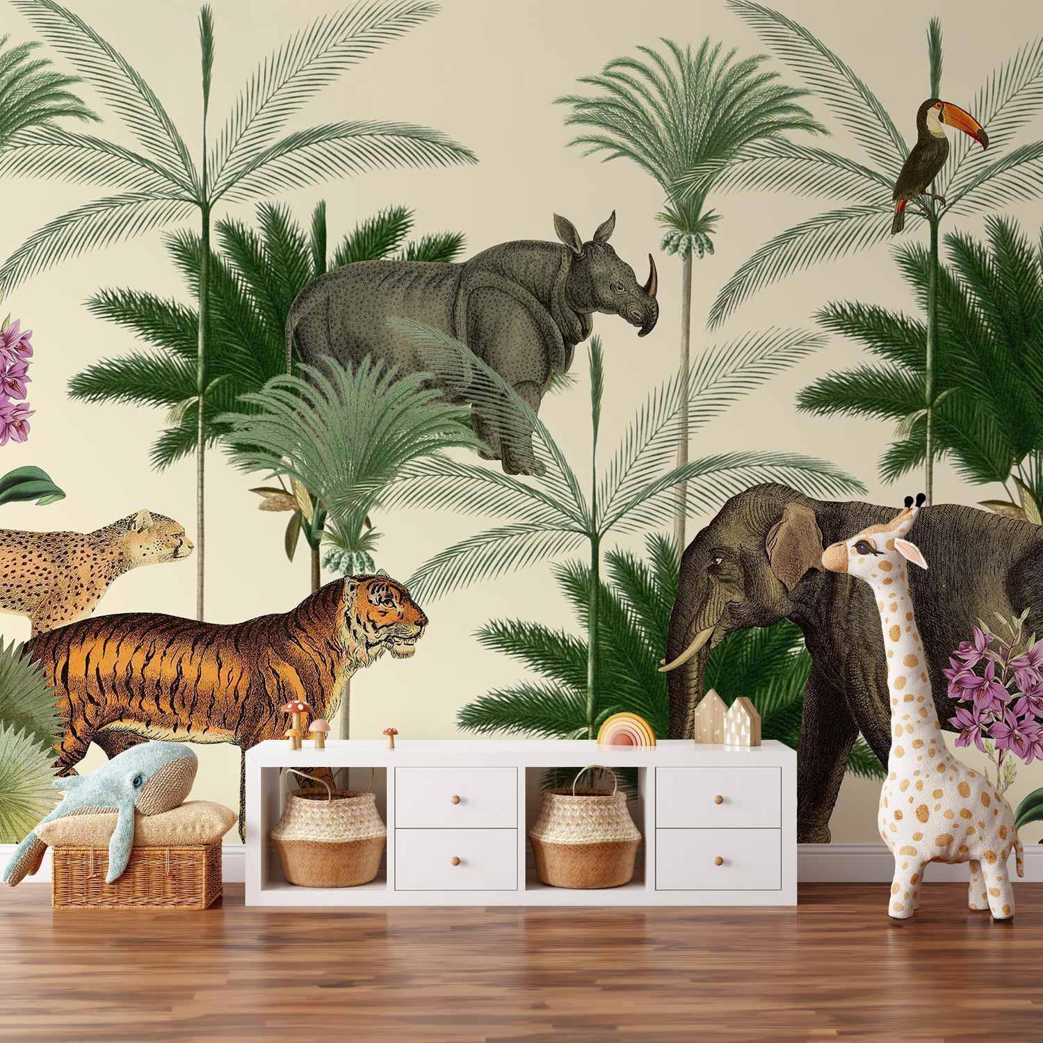 Papier peint - Jungle Land With Animals in the Style of Old Engravings