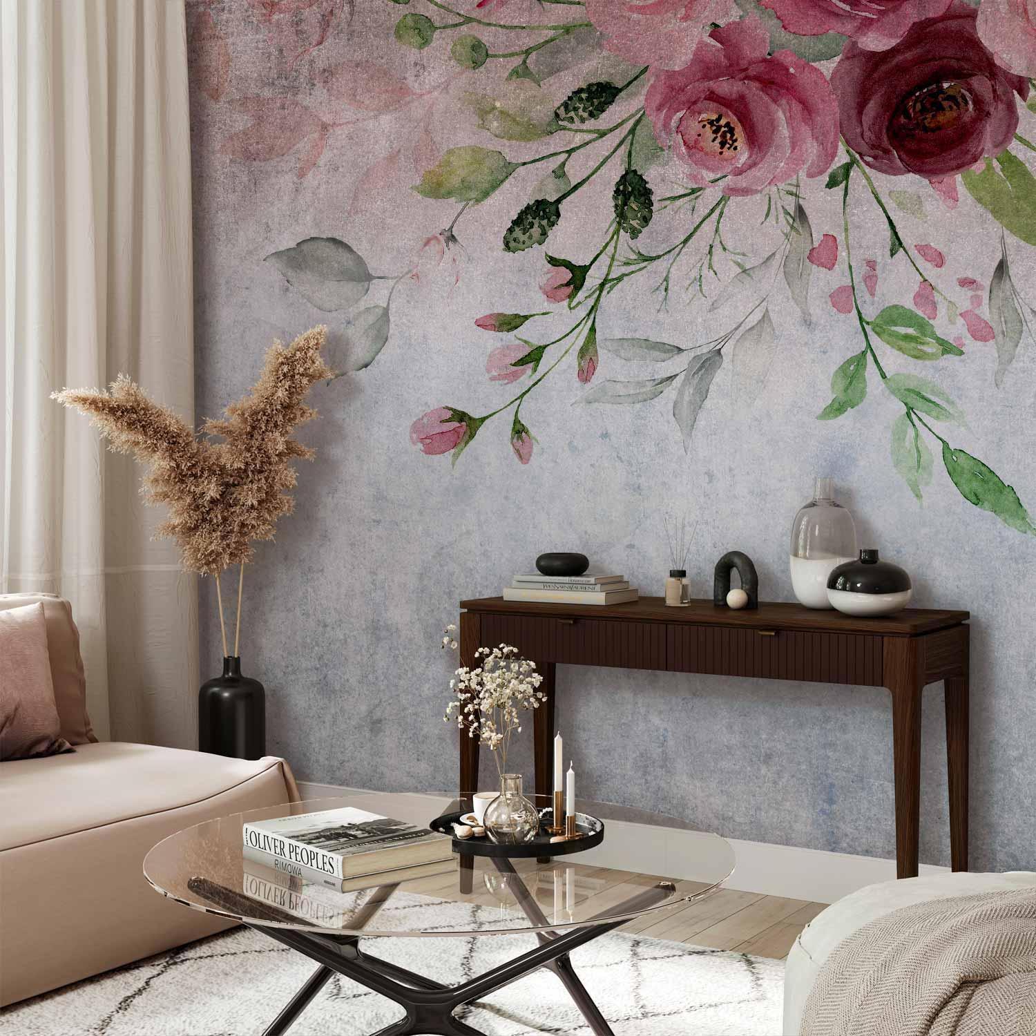 Papier peint - Summer bloom - plant motif with flowers and leaves in pink tones