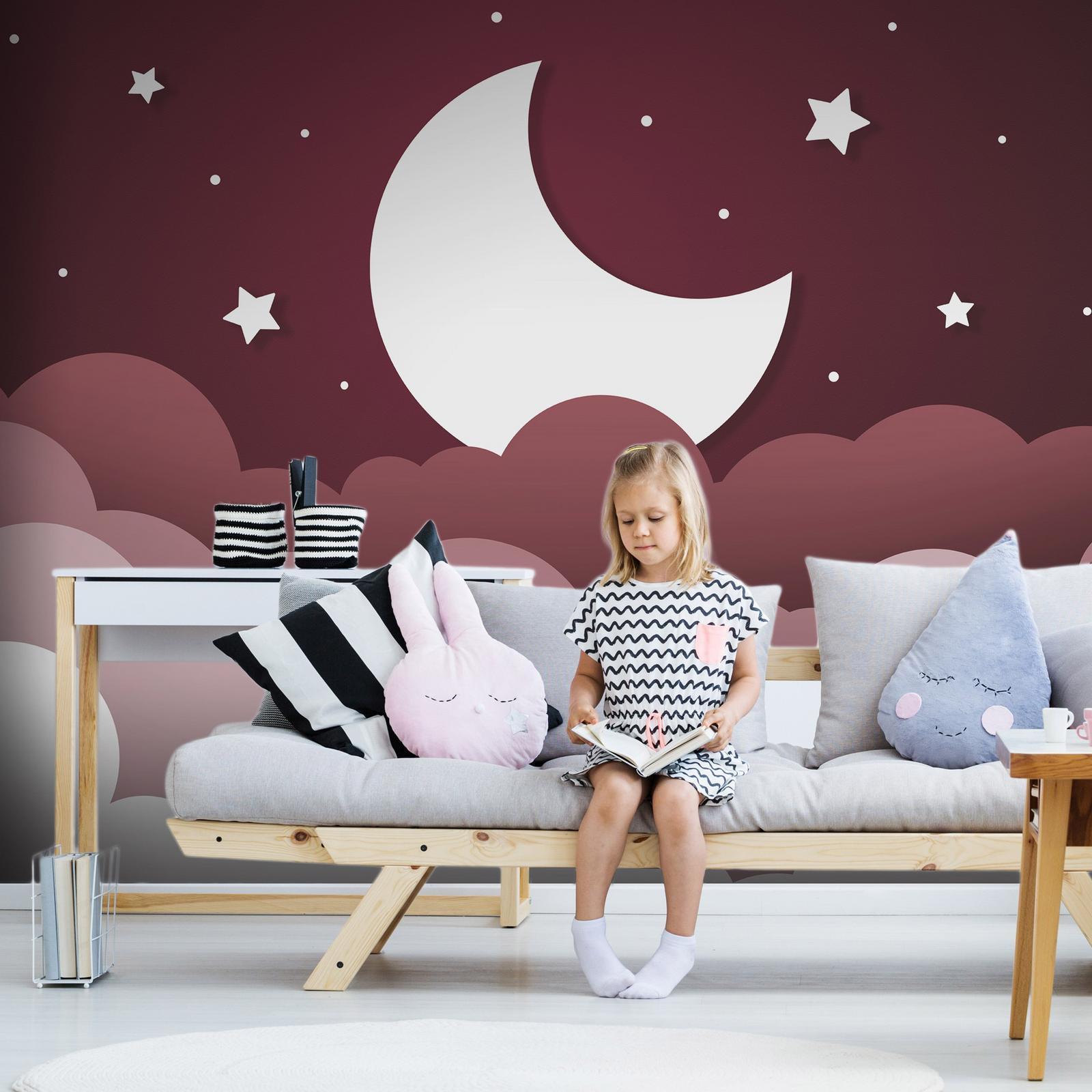 Papier peint - Moon dream - clouds in a maroon sky with stars for children