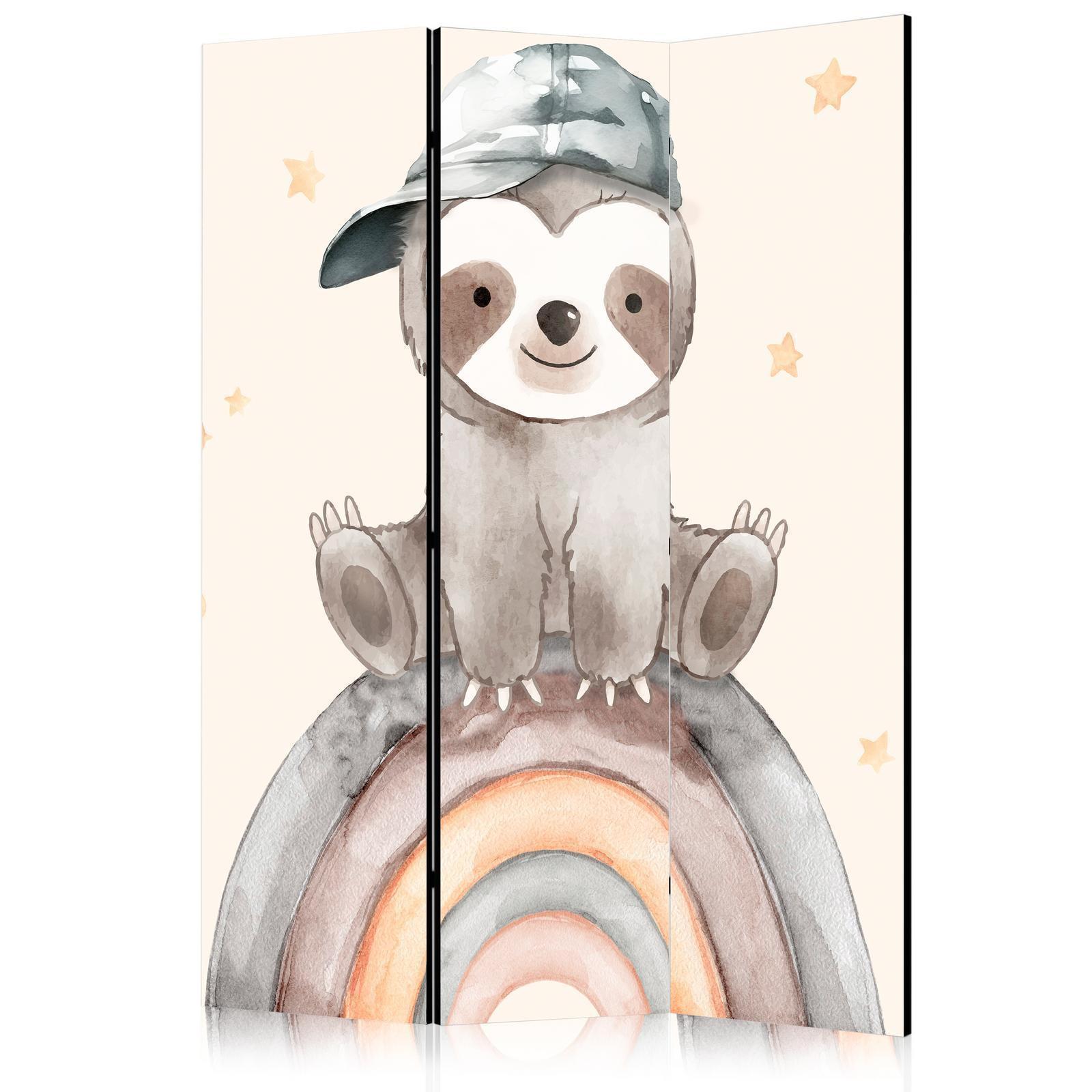 Paravent - Happy Sloth - Sloth in Muted Colors - Wearing a Cap - Sitting on a Rainbow Among the Stars