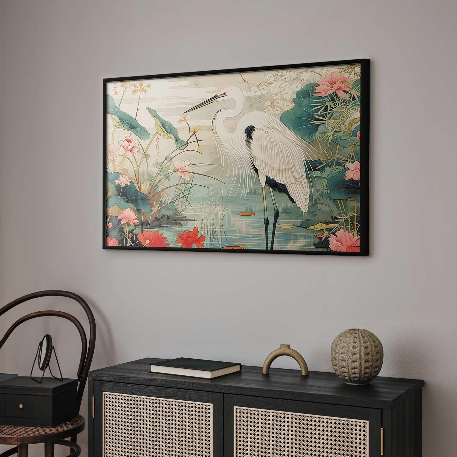 Poster - Over the Asian Pond - illustration in the Japanese print style featuring a heron