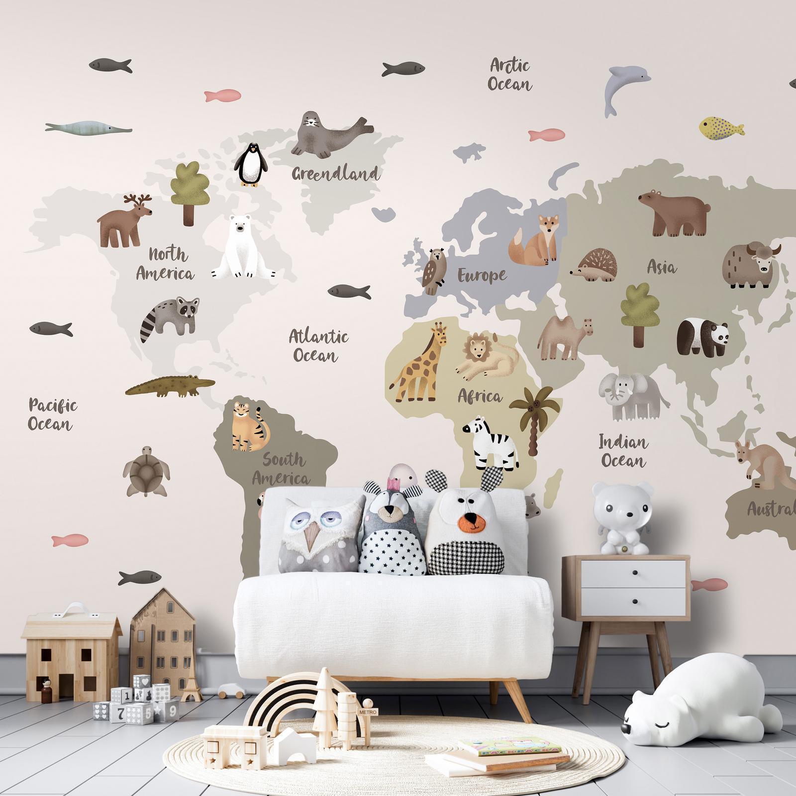 Papier peint - Pastel Map - Animals and Continents for Children's Room