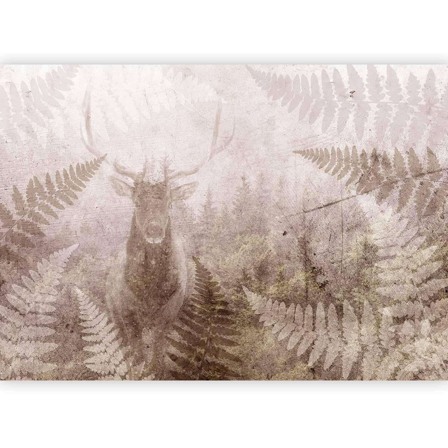 Papier peint - Forest motif - deer with antlers among fern leaves on concrete pattern