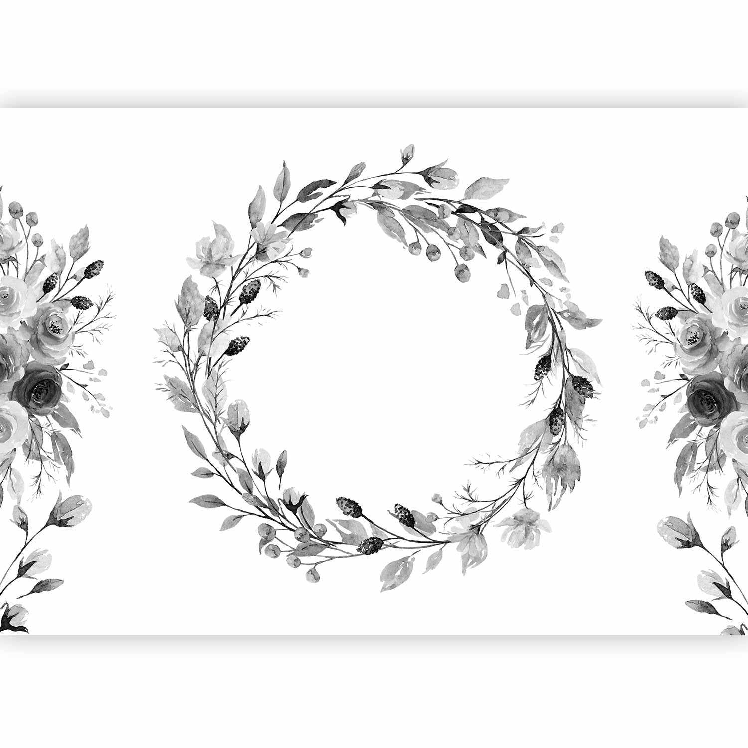 Papier peint - Romantic wreath - grey plant motif with leaves with rose pattern