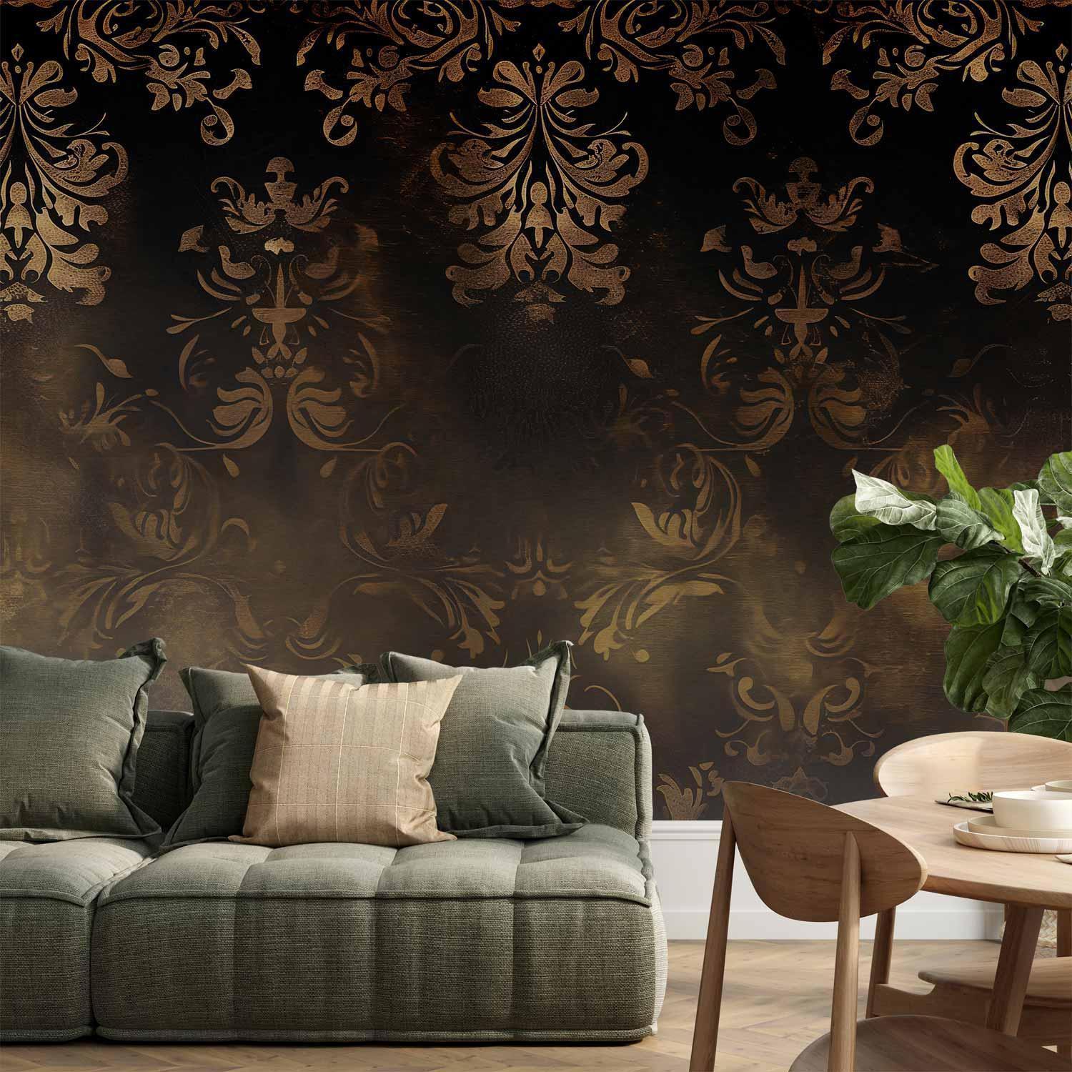 Papier peint - Baroque Ornaments in Patinated Gold and Browns: Retro Motif