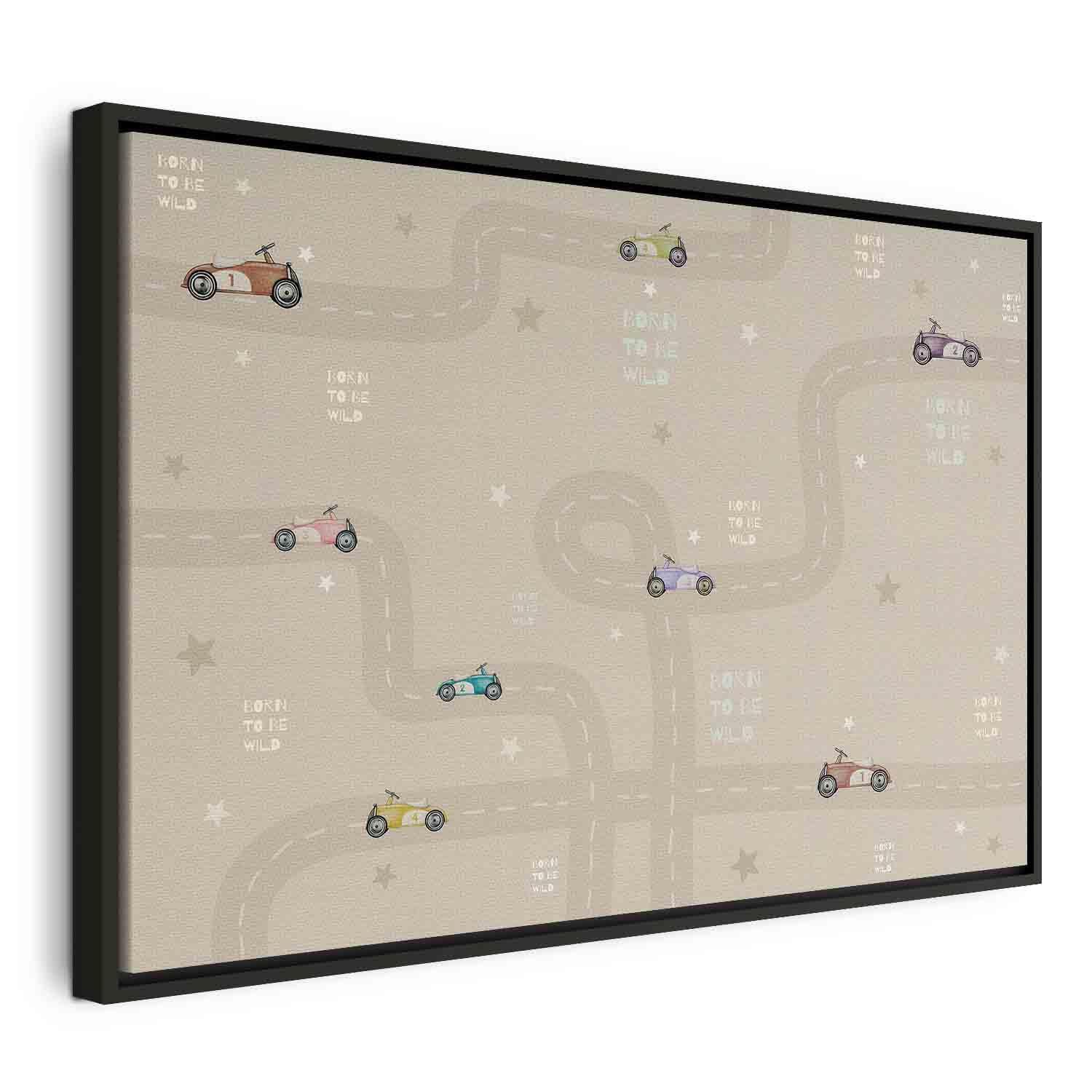 Tableau - Race - Colorful Cars on a Road on a Beige Background with Inscriptions