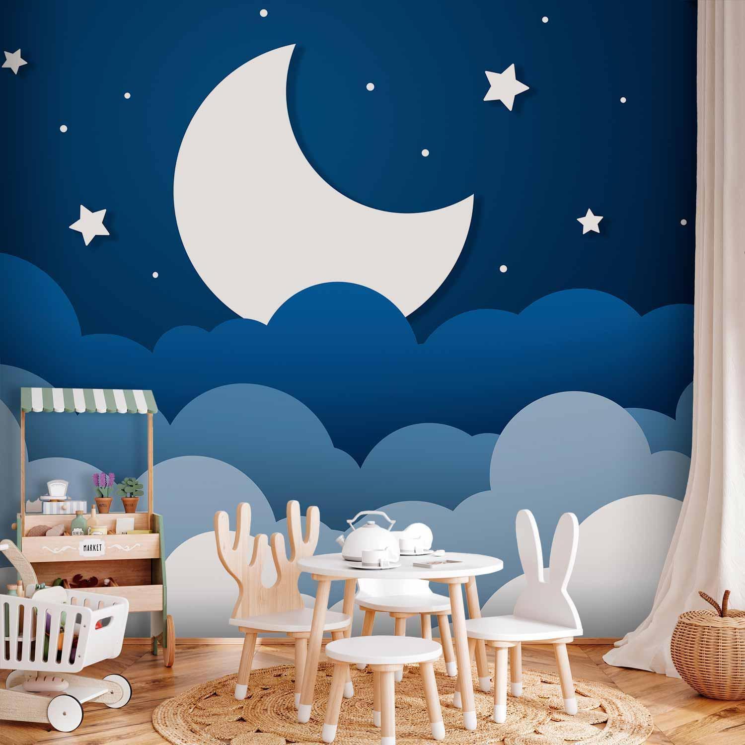 Papier peint - Moon dream - clouds on a dark blue sky with stars for children