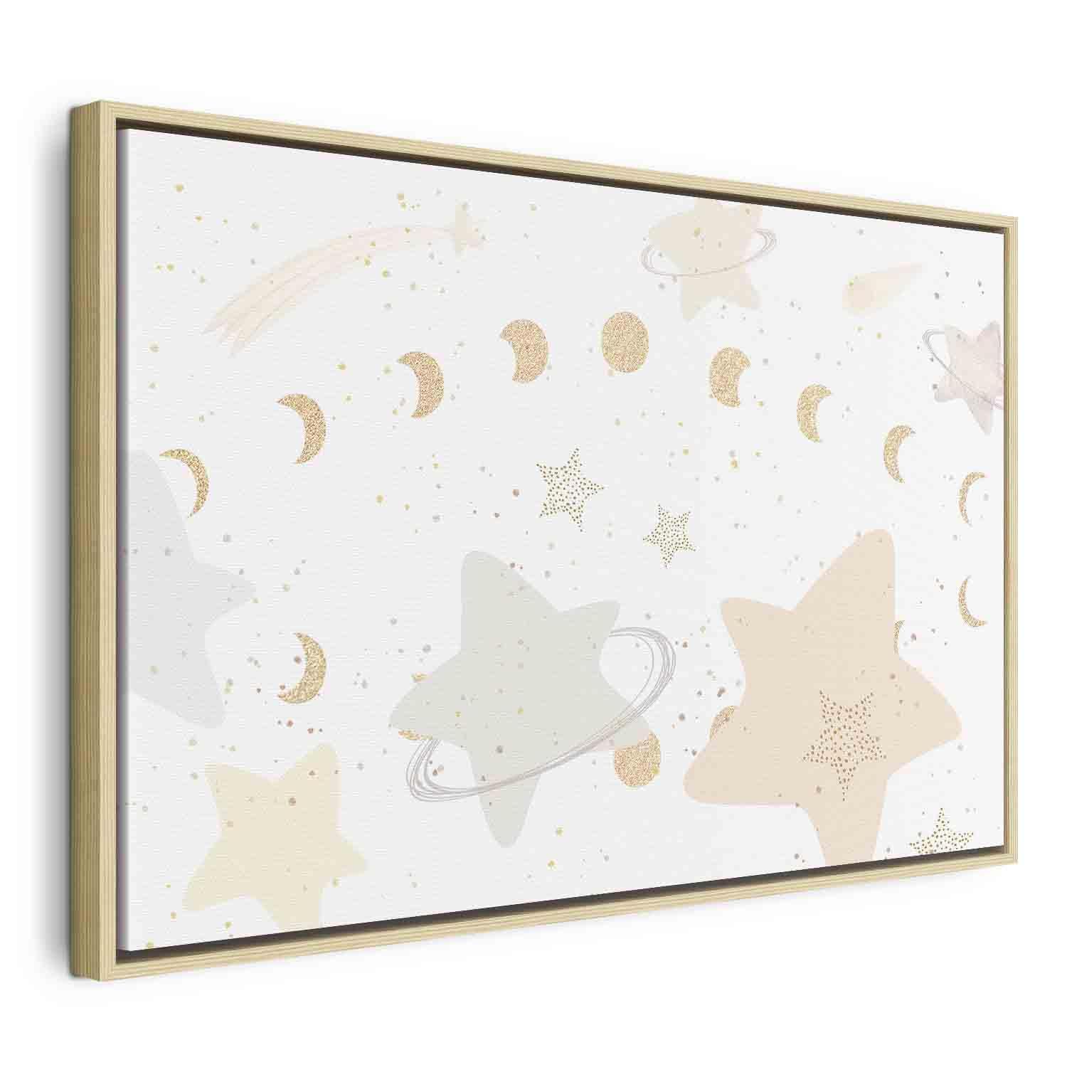 Tableau - Fairy-Tale Galaxy - Phases of the Moon in Yellow Tones Among Stars in Beige and Ash Colors with Stardust