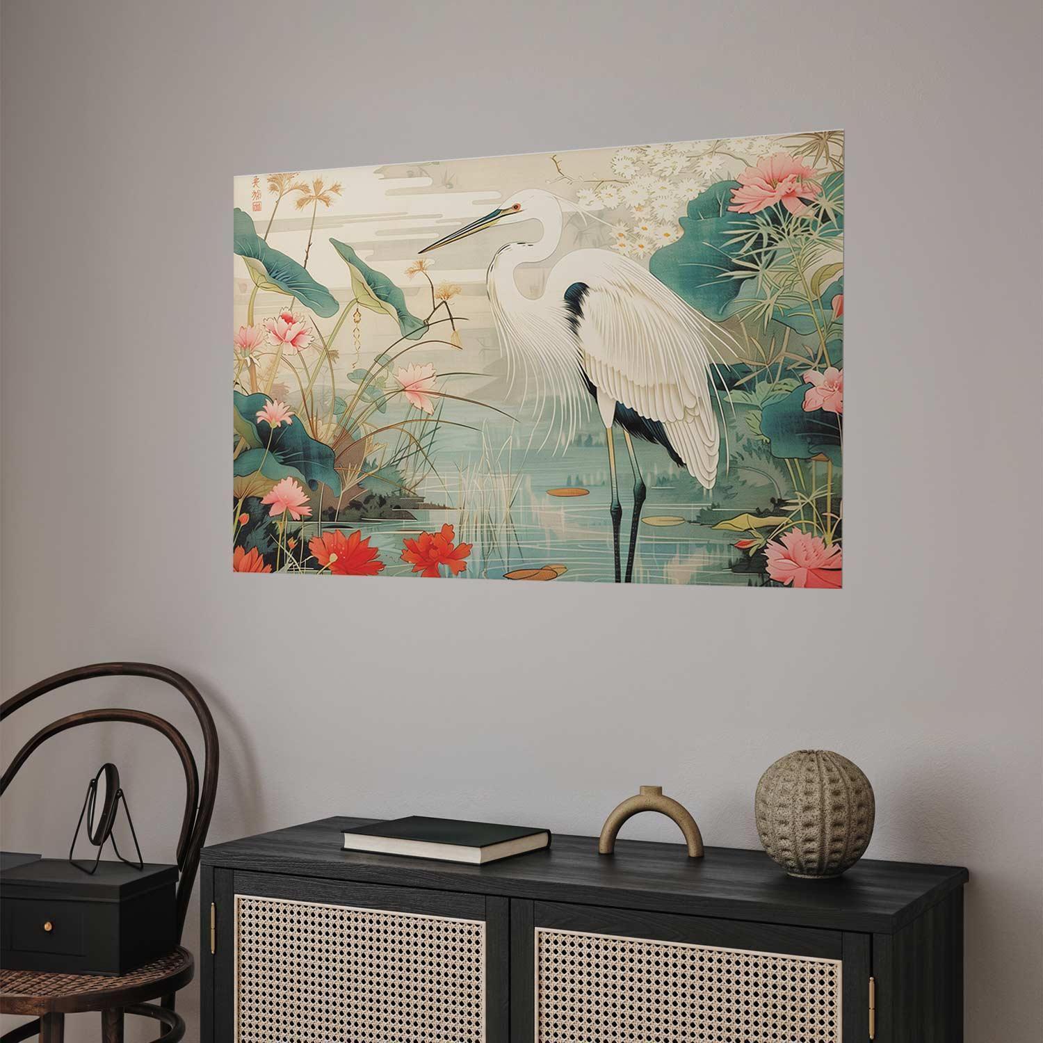 Poster - Over the Asian Pond - illustration in the Japanese print style featuring a heron