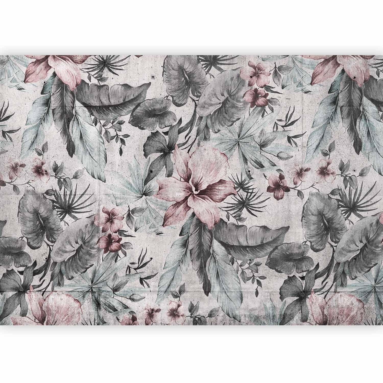 Papier peint - Nature in retro style - landscape with leaves and flowers in grey tones