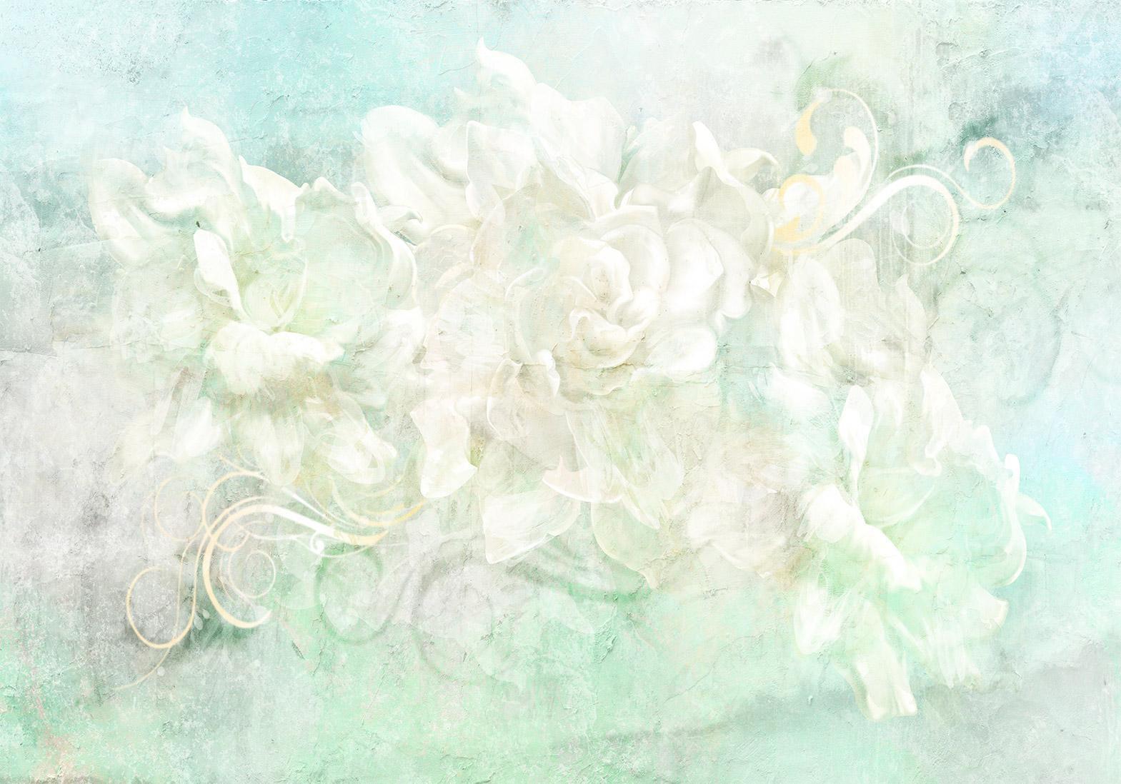 Papier peint - Blossoming among pastels - abstract with floral motif and patterns