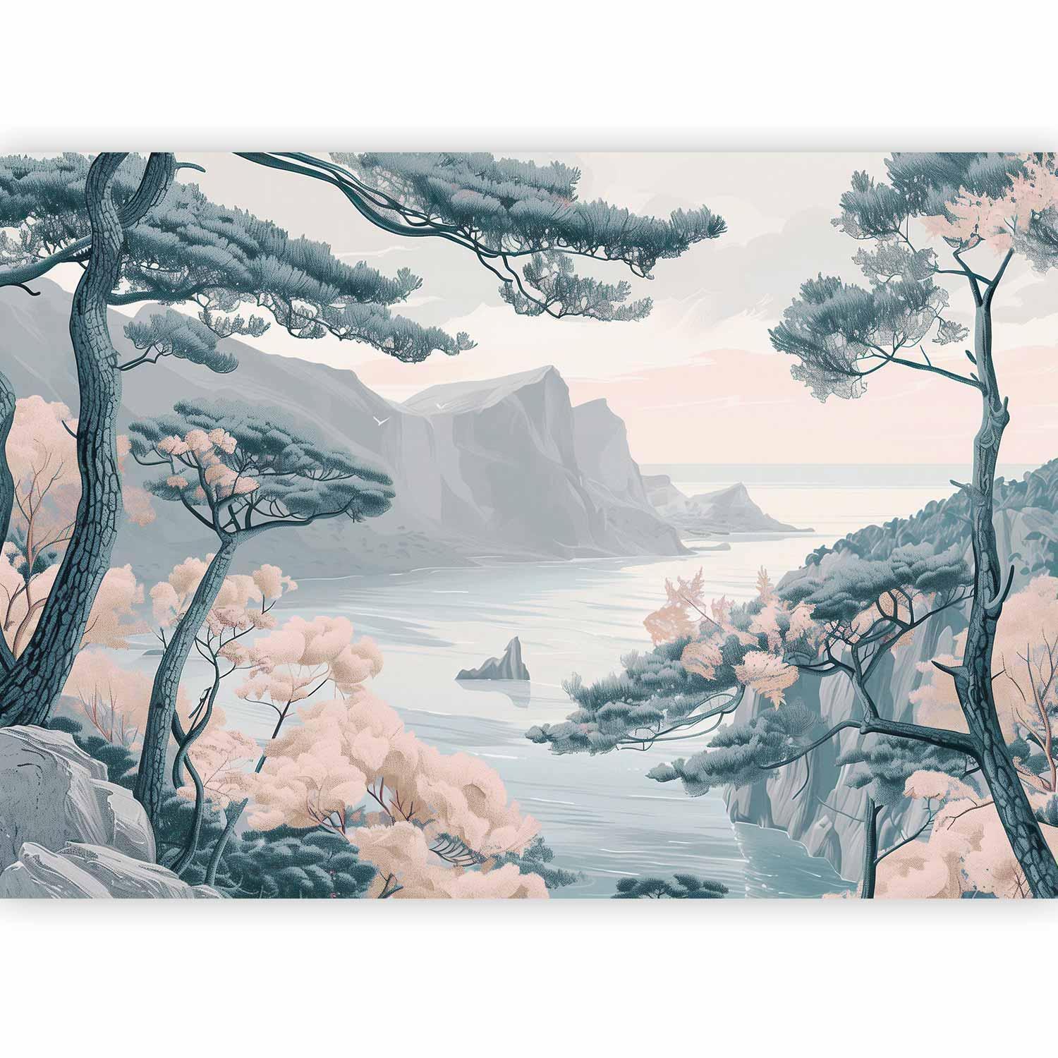 Papier peint - Mountainous Coast with Trees and Rocks in Light Pastel Blues