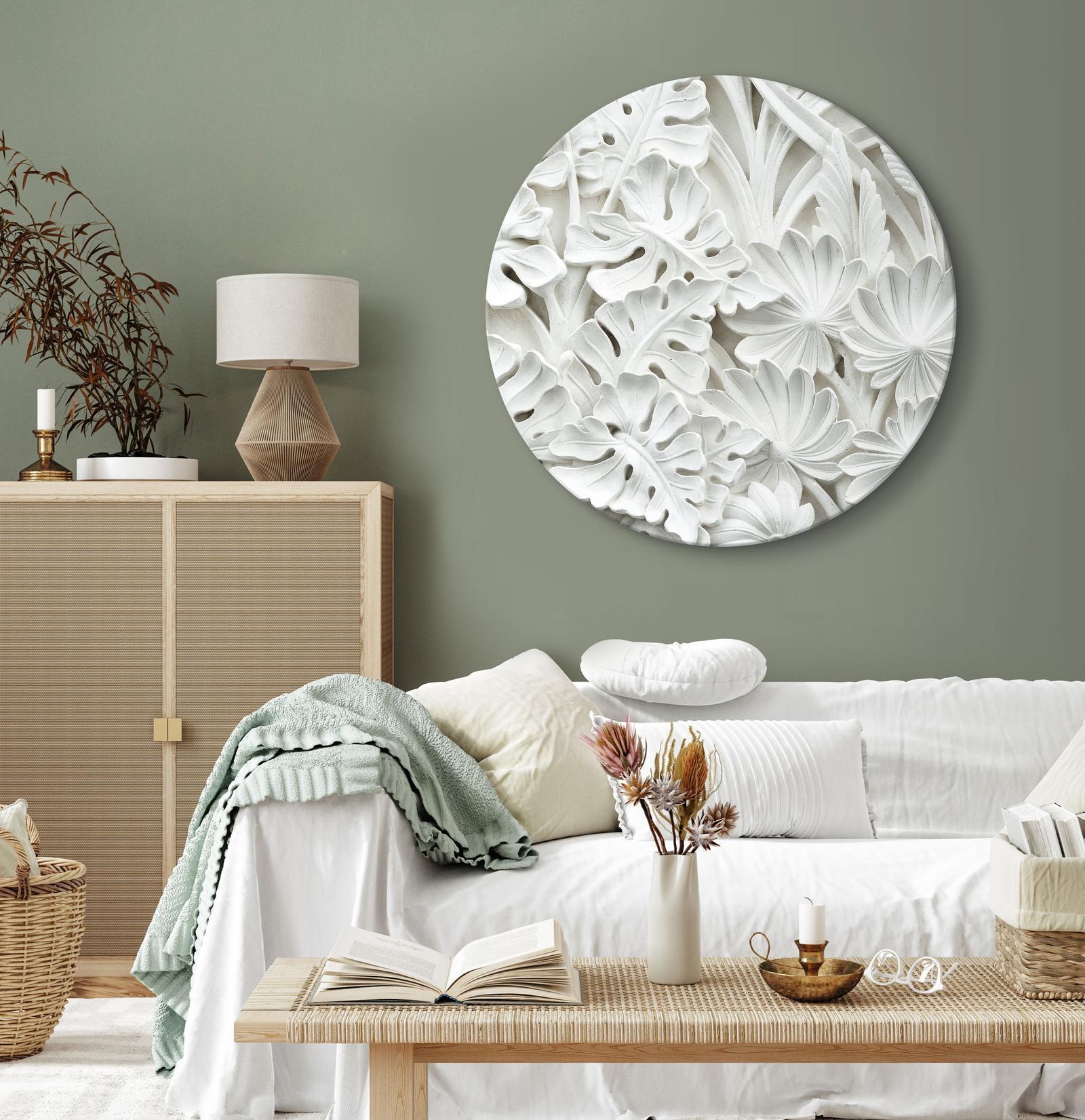 Tableau rond - Carved Nature - Pattern With White Leaves Made of Stone