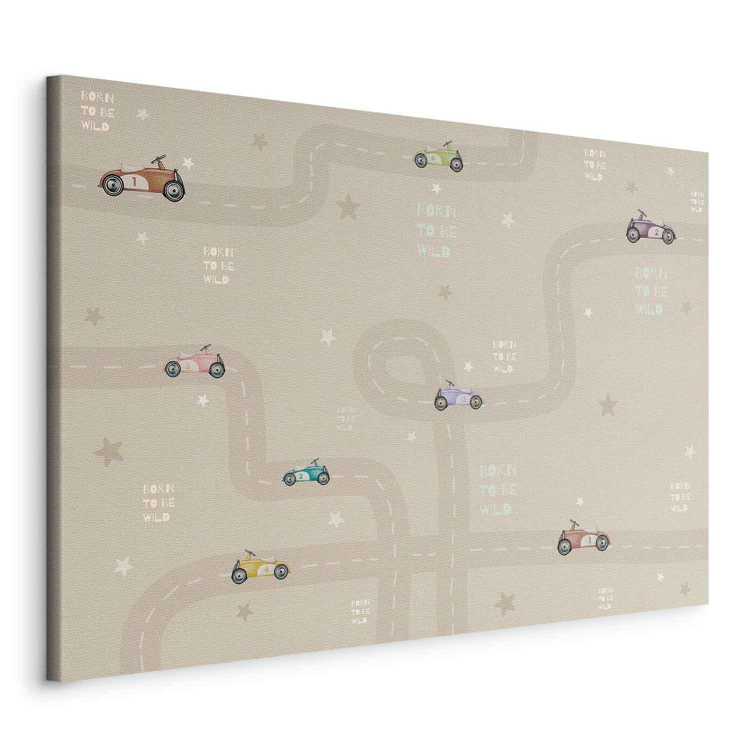 Tableau - Race - Colorful Cars on a Road on a Beige Background with Inscriptions