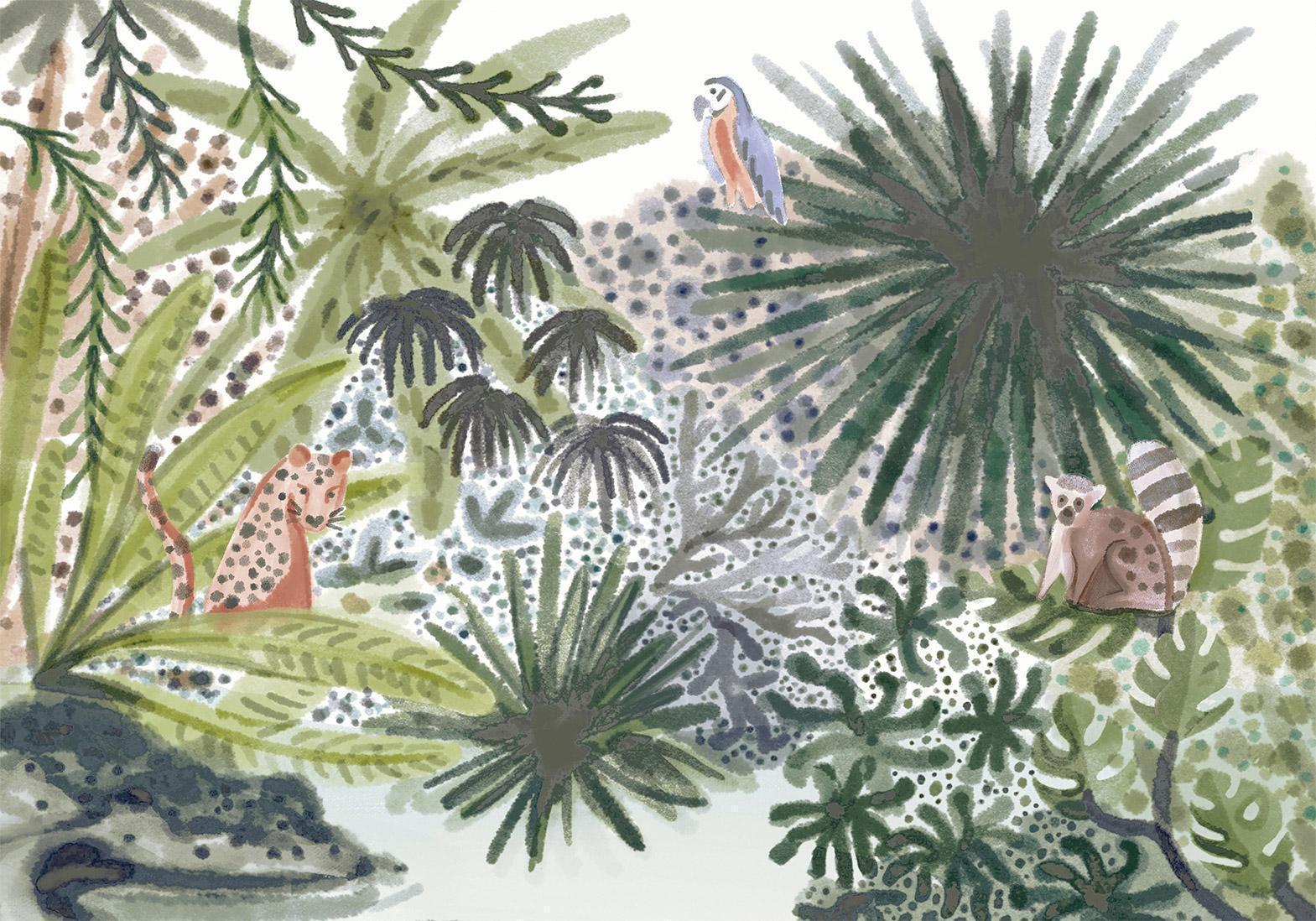 Papier peint - Flora of Madagascar - Tropical Landscape With Watercolour Animals