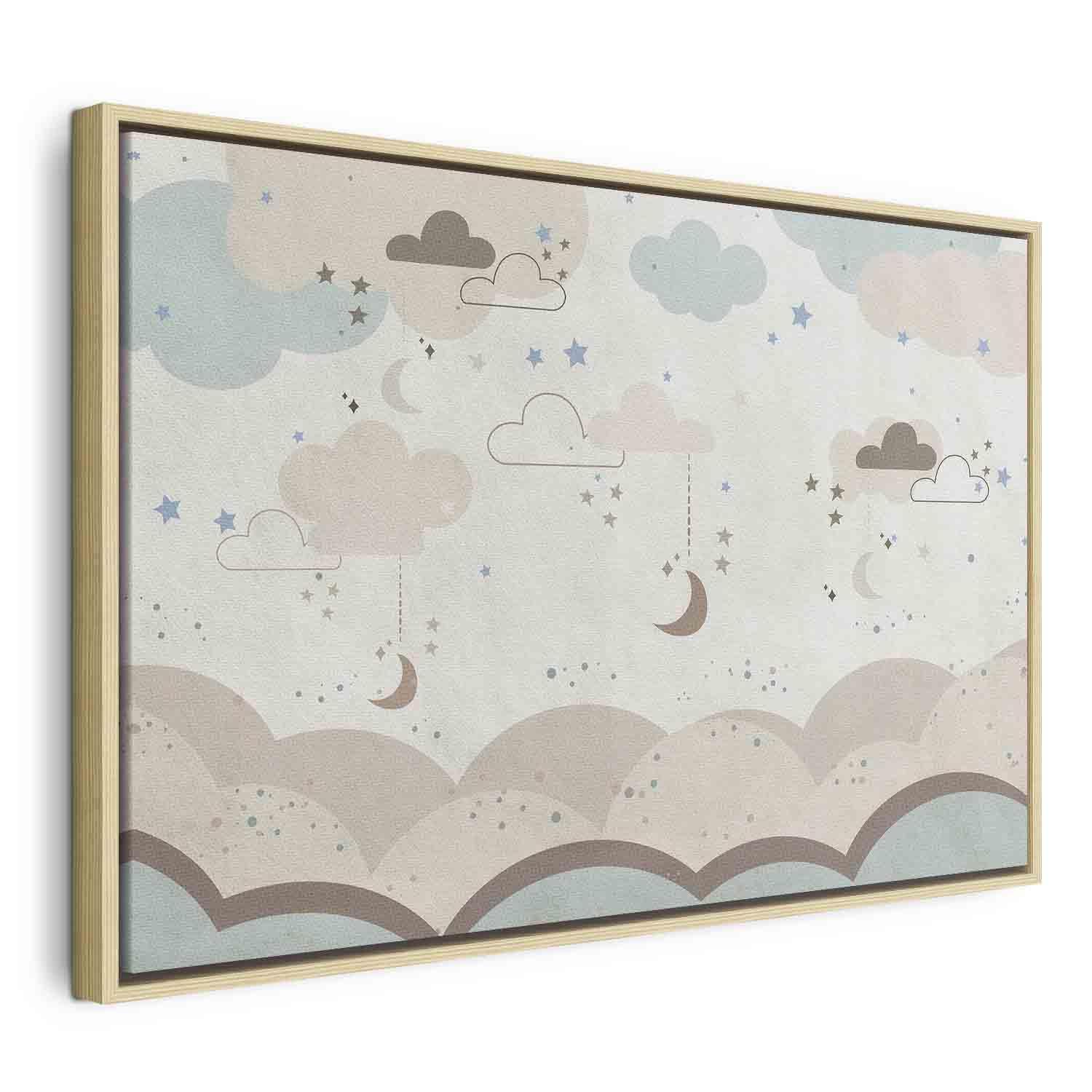 Tableau - Cloudy Night Sky - Moons in Brown and Beige Hues Among Clouds and Numerous Little Stars on a Light Background