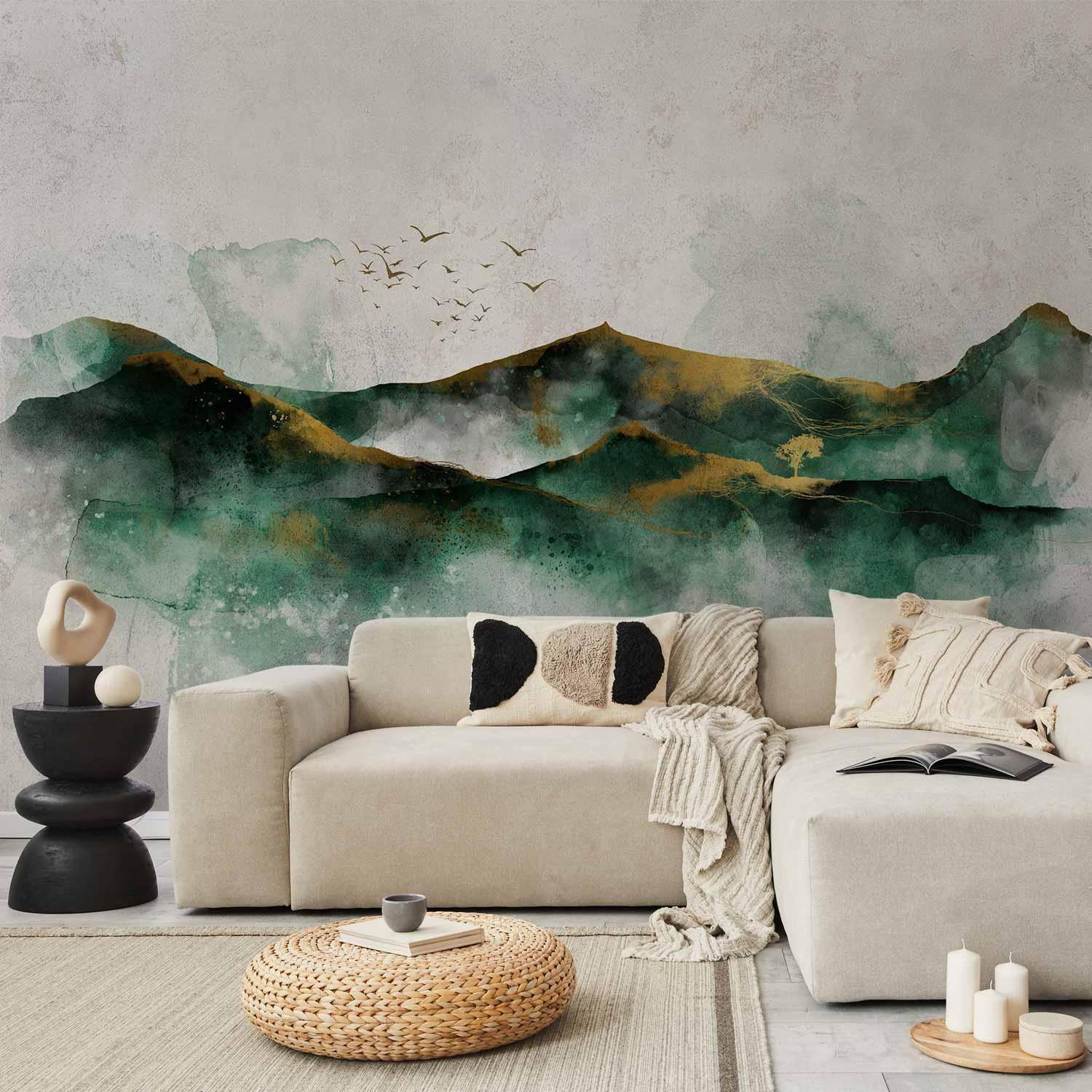 Papier peint - Abstract landscape - green mountains with golden patterns and birds