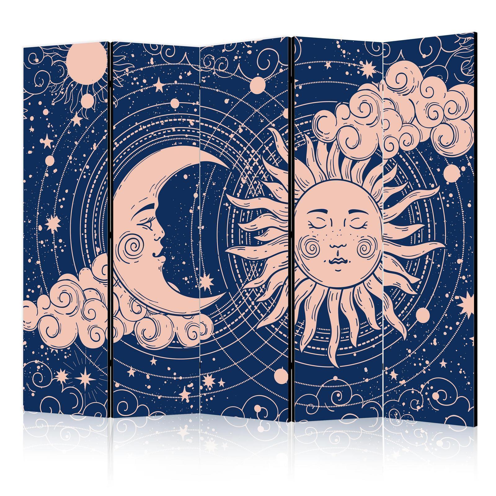 Paravent - Cosmic Harmony - Illustration of the Sun and Moon on a Navy Background