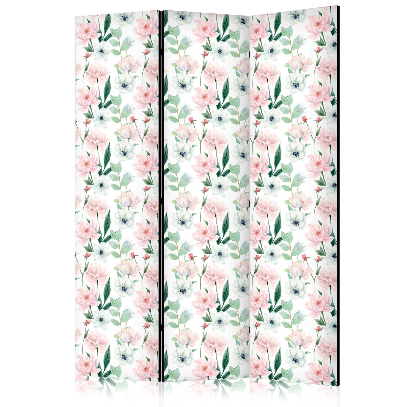 Paravent - Peonies - Pink and White Flowers and Green Leaves on a White Background