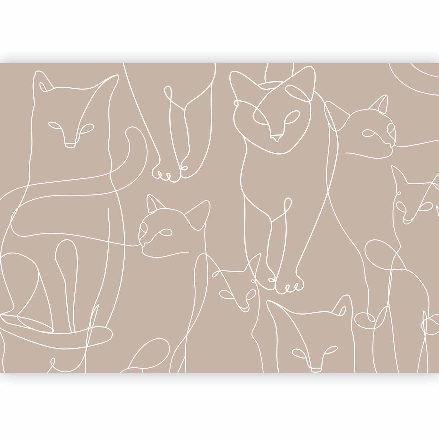 Papier peint - Cat lineart - minimalist sketches of white cats on beige background