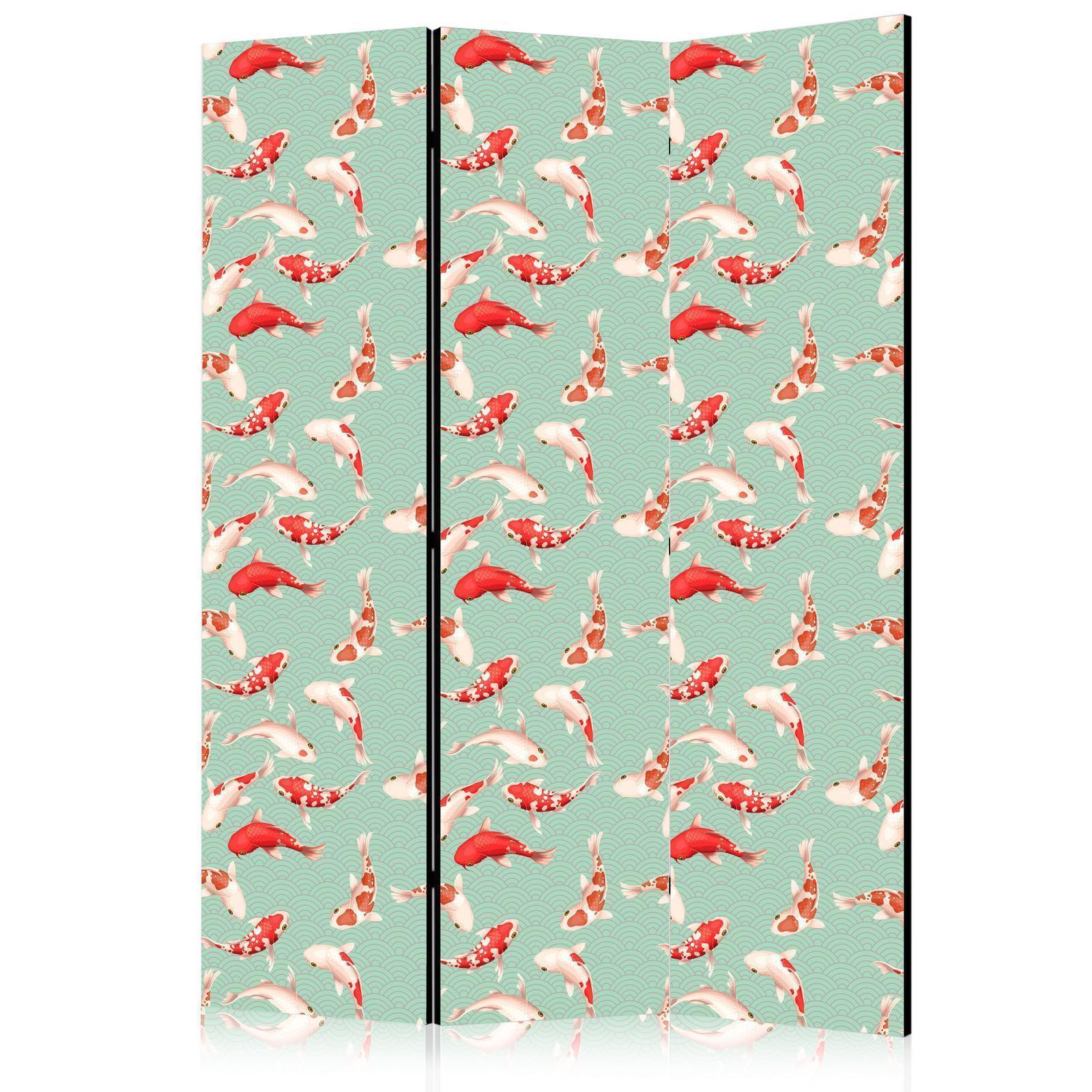 Paravent - Fish and Japanese Pattern - Koi Fish in Orange-Cream Colors on a Green-Mint Background with an Oriental Pattern