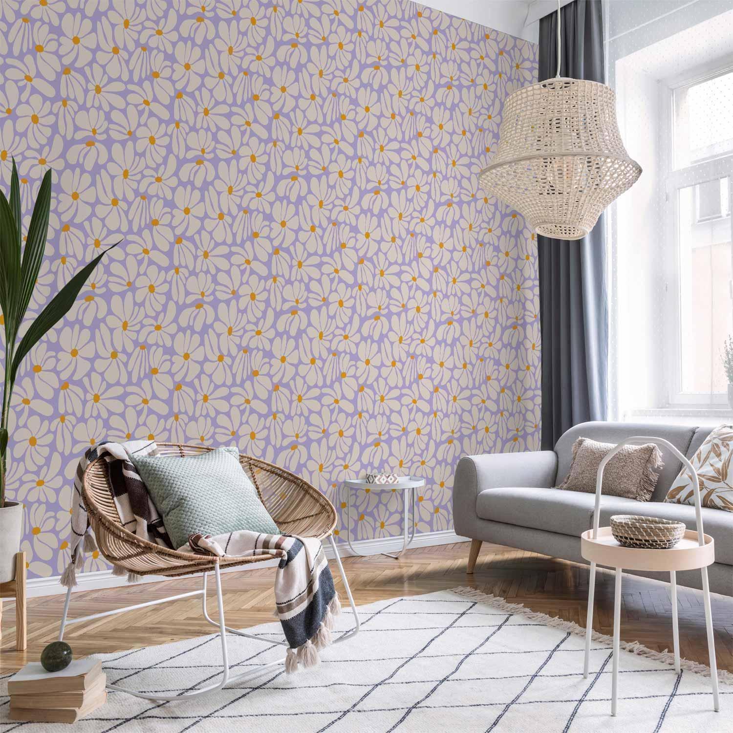 Tapisserie murale - Cute Creamy Little Flowers - Small flowers with creamy - wind-blown petals on a blue background
