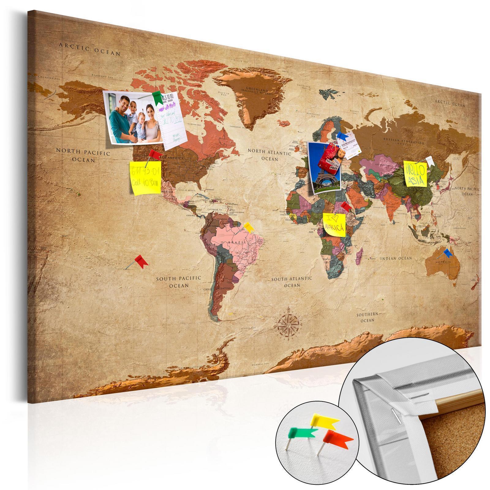 Tableau en liège - World Map: Brown Elegance