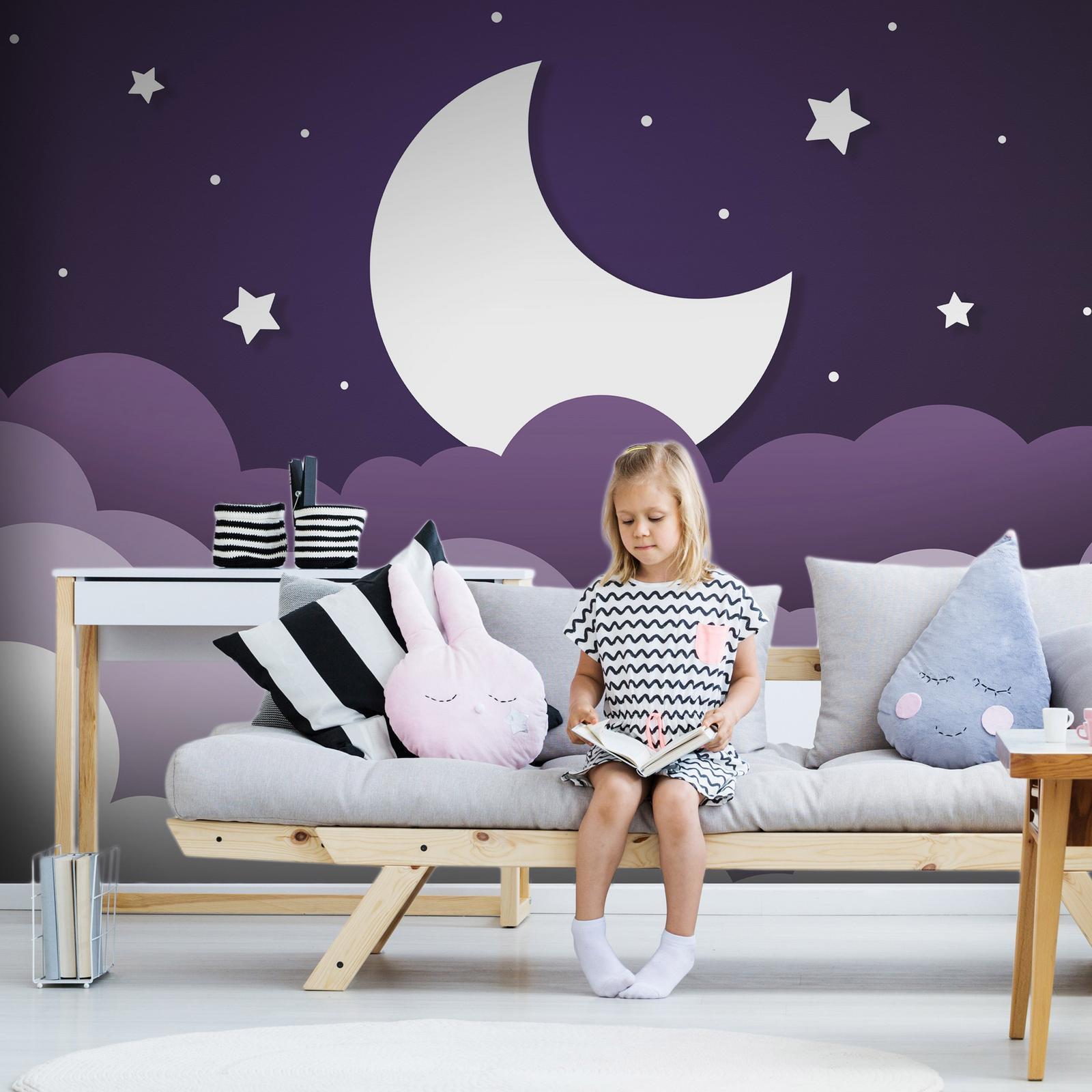 Papier peint - Moon dream - clouds in a purple sky with stars for children