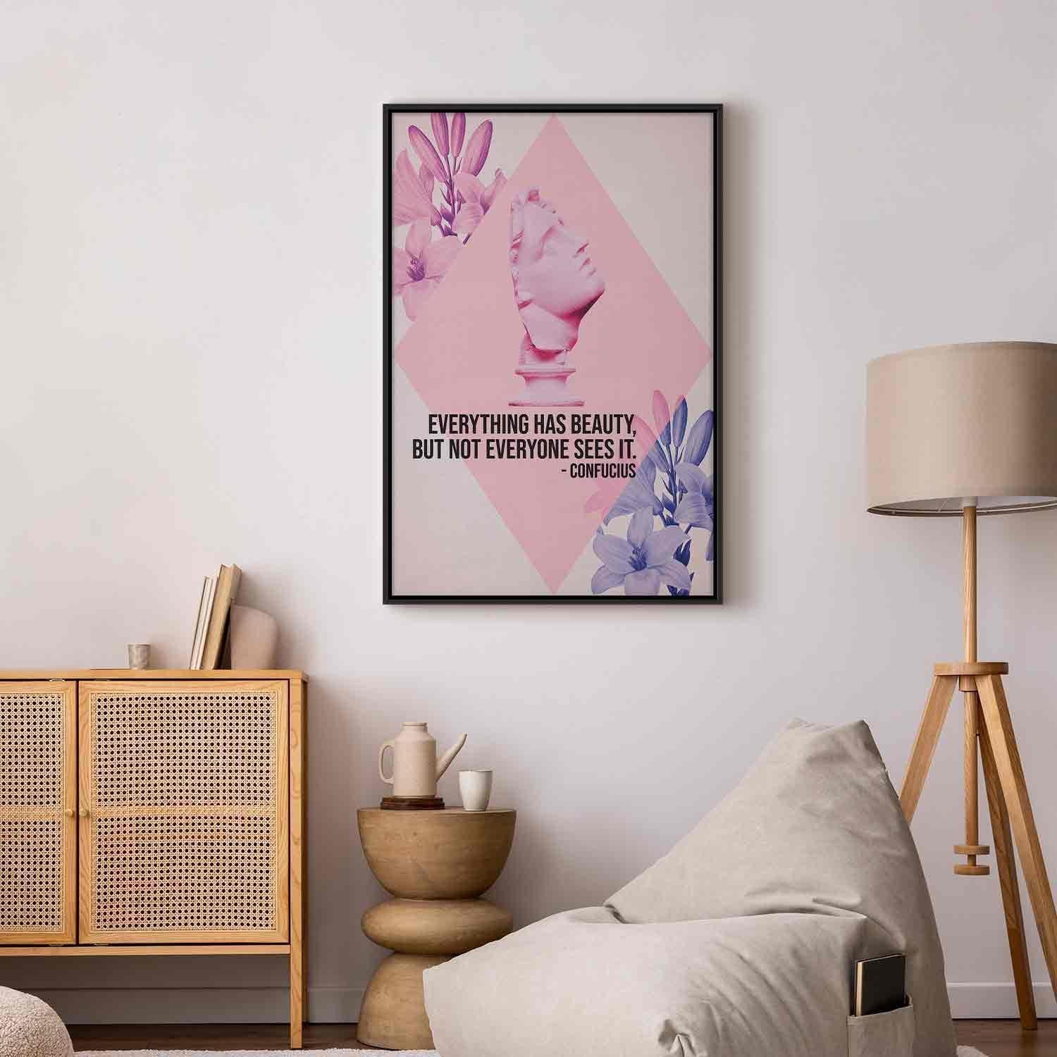 Tableau - Beauty in the Eyes - Inspirational Quote with Pink Bust and Flowers