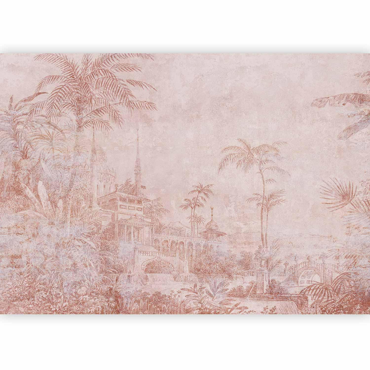 Papier peint - Landscape with temple - engraving of Indian architecture with palm trees