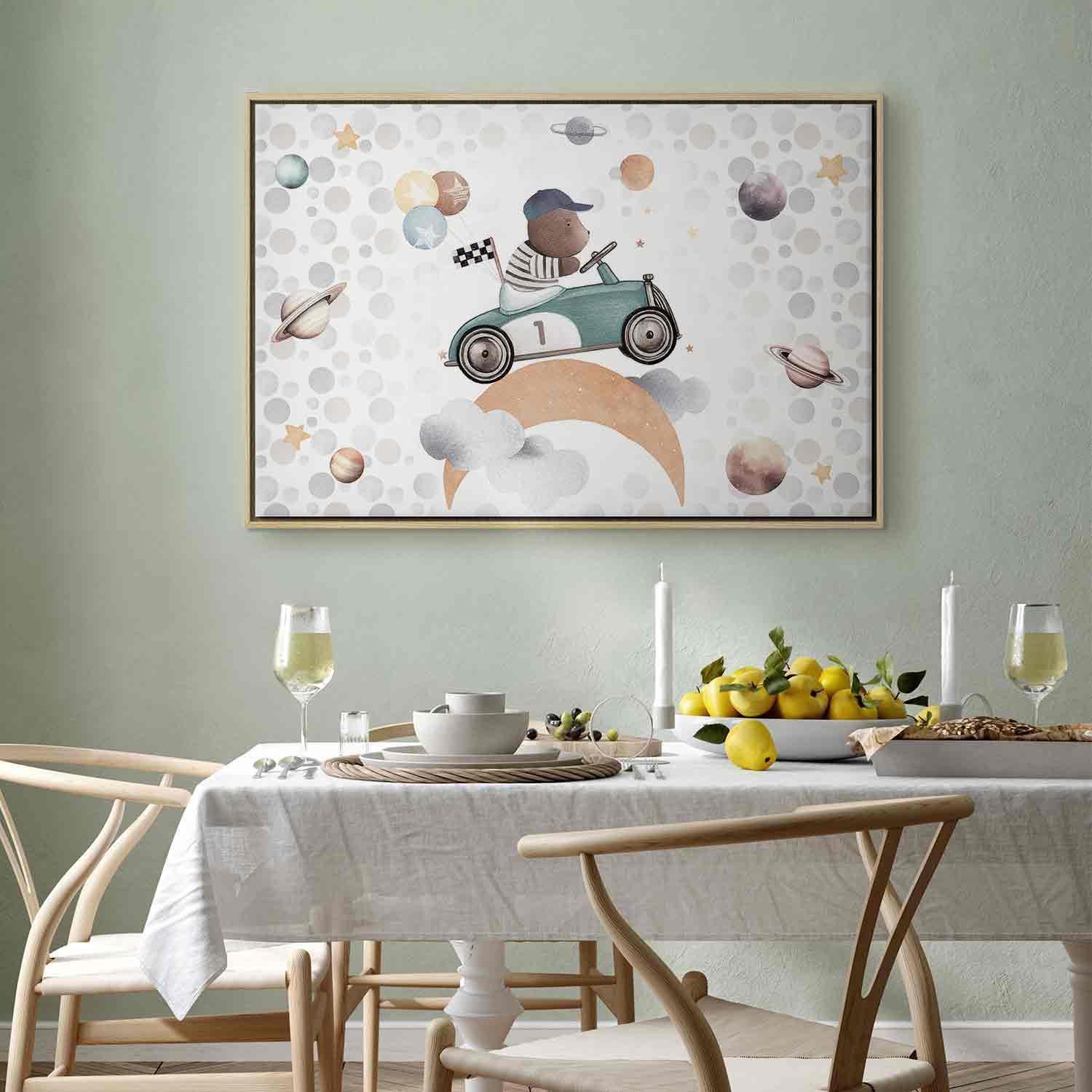 Tableau - Galactic Races - A Bear Participating in Car Races Among Planets Clouds and Stars in Pastel Hues