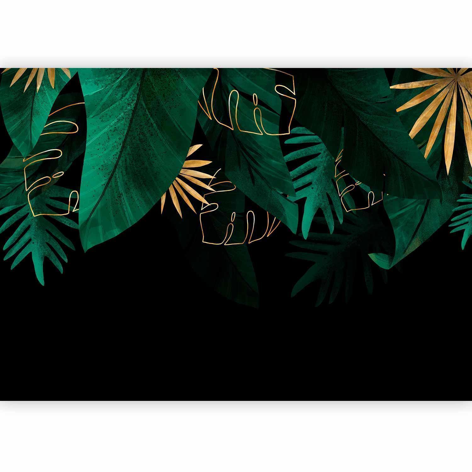 Papier peint - Jungle and composition - motif of green and golden leaves on a black background