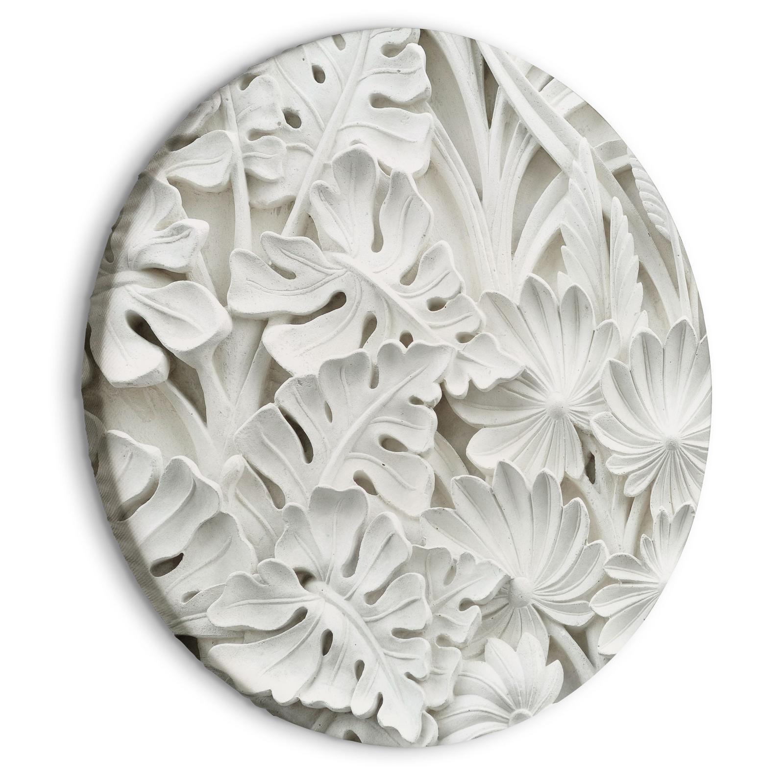 Tableau rond - Carved Nature - Pattern With White Leaves Made of Stone